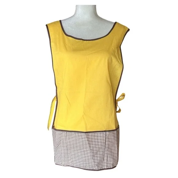 Vtg Apron Mustard Yellow & Brown‎ 3 Pockets Homespun 1970 s Cottage Grandma Core