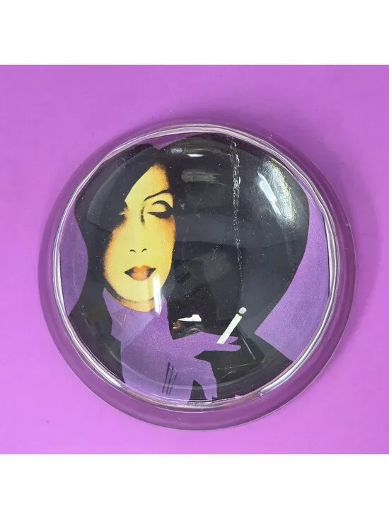 Vintage 70s Glass Paperweight‎ With Womans Face Illustration Purple & Black Art