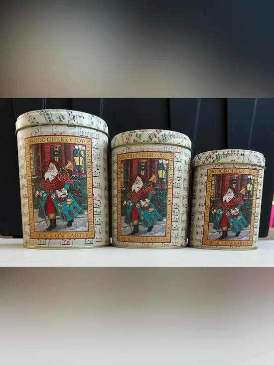 NaturalTrim Vintage Santa Christmas Metal Canister Set 3-Pc w/Lids, Musical Note