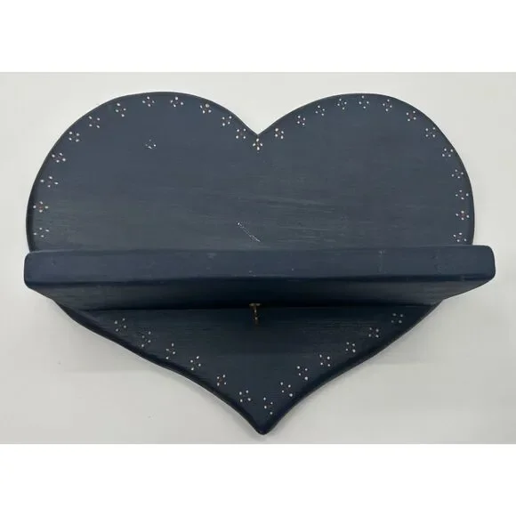 Vintage Blue Wooden Heart Cottagecore Trinket Shelf Wall Farmhouse