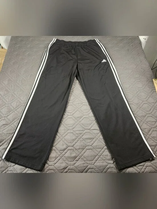 black Adidas activewear track pants white three-stripe detailing men's size XL