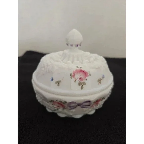 Westmoreland Milk Glass Paneled Grape Hand Painted Candy Dish Vanity Powder Box