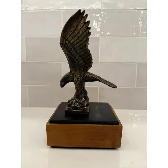 Vintage Antiqued Brass Signed‎ Eagle Sculpture on Base