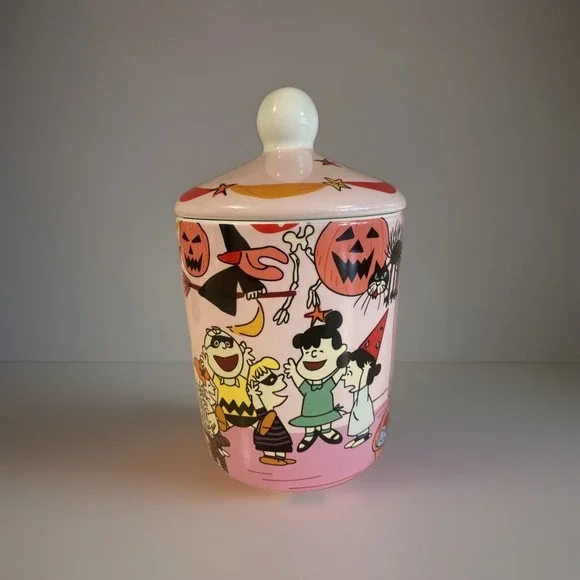 Peanuts Halloween Ceramic Canister Jar Charlie Brown Snoopy Pink Pumpkin
