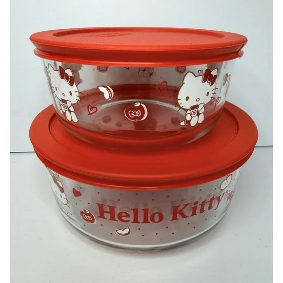 Pyrex Hello Kitty Glass Food Storage Containers Red Lids Set 4 Pcs / 2 Bowls