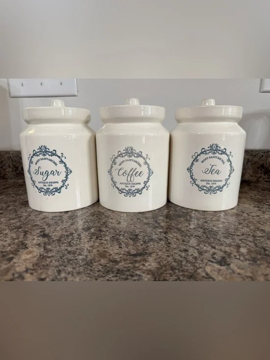 Set of 3 Canisters - White Ceramic with Blue Print