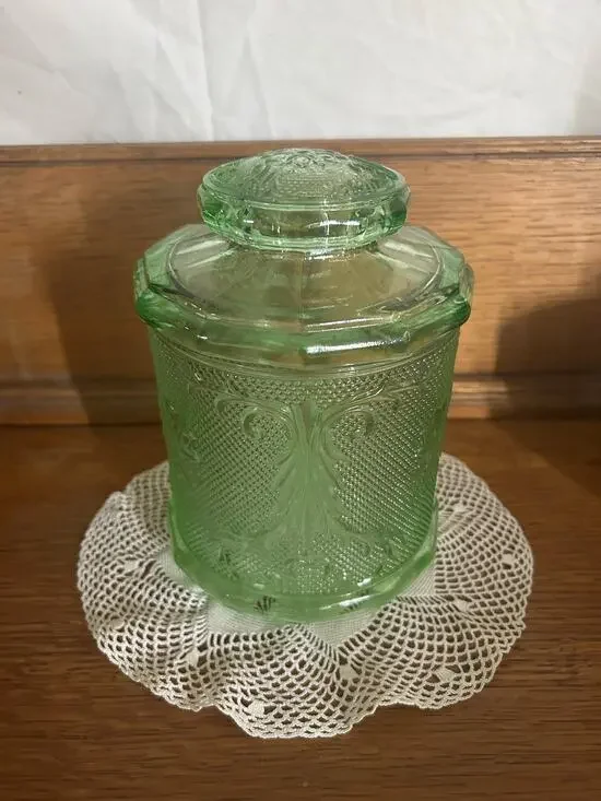 Vintage Tiara Exclusives Chantilly Green Sandwich Glass Canister with Lid