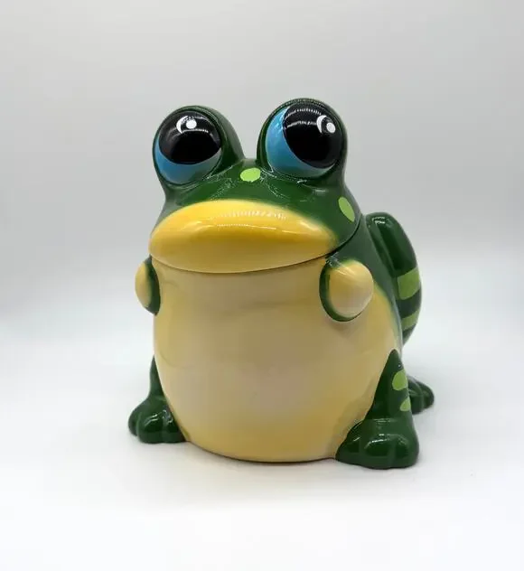 Large Green Frog Ceramic Cookie Jar Big Eyes Lidded Kitchen Canister 11