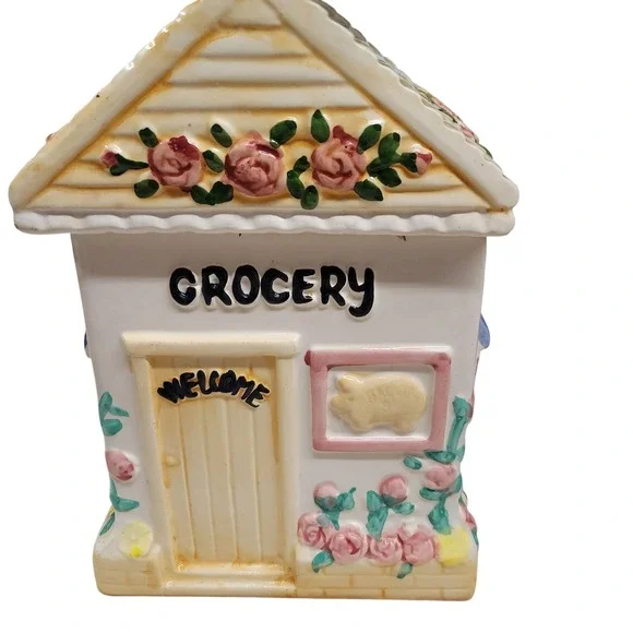Ceramic House Shaped Grocery Store Cookie Jar Grandmacore Cottagecore‎
