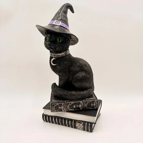 Black Cat Witch Figurine on Spell Books Gothic Halloween Decor Green Eyes Hat