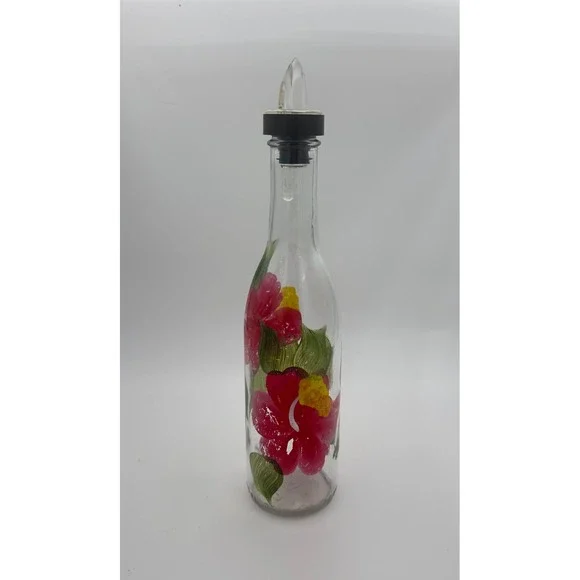 Hand Painted Hibiscus Glass Oil and Vinegar Cruet Bottle with Pourer 12.7 oz