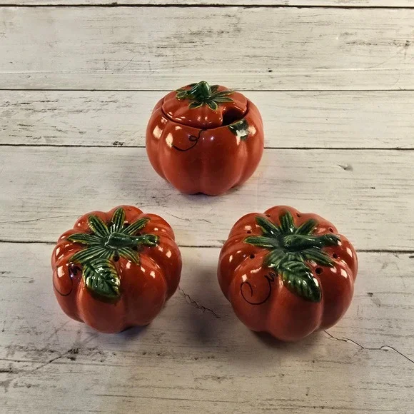 Vintage Ceramic Pumpkin Tomato Salt Pepper Shakers and Lidded Jam Pot Set Orange