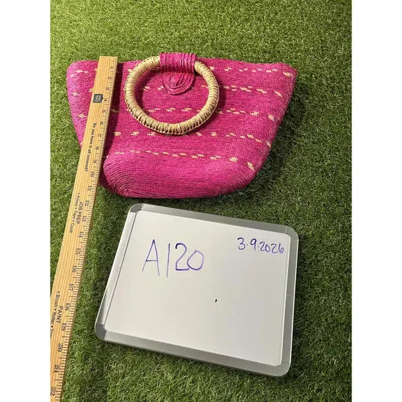 Pink Straw Handbag with Circular Handles‎ Beach Coastal Summer Spring