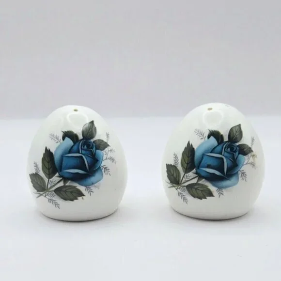 Vintage Sanford Fine Bone China Blue Rose Flowers Salt & Pepper Shakers