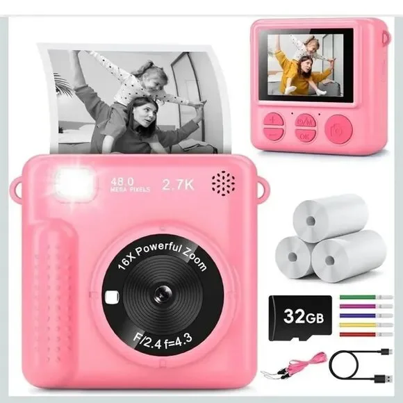 Kids Pink Camera Instant Print, Christmas Birthday Gifts for Girls Boys Age 3-12