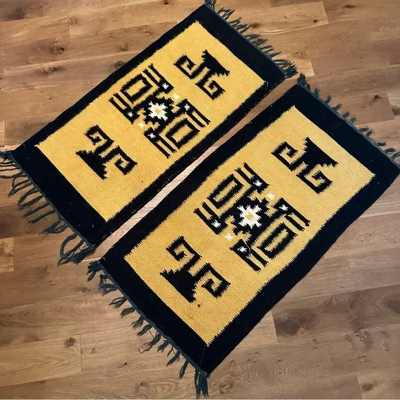 Bundle of wool rugs vintage mustard yellow black boho‎ western runner woven
