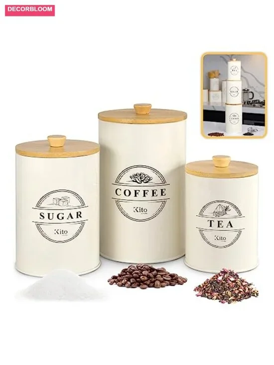 Airtight Tea Coffee Sugar Canister Set Stackable Steel Bamboo Lids