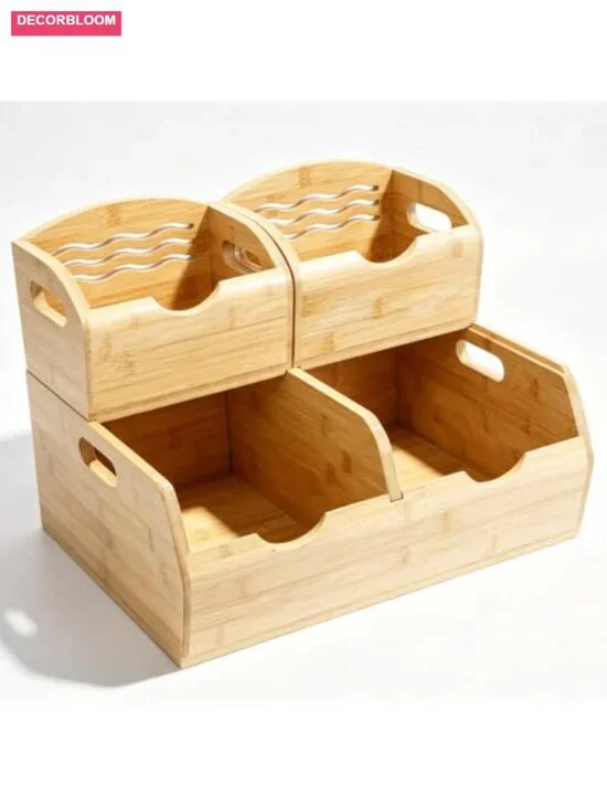 Bamboo Stackable Pantry Storage Bins Produce Baskets Set Kitchen Organizer