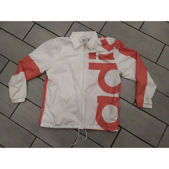 Adidas Originals Mens Large White Coral Pink Graphic Full Zip Windbreaker Jacket