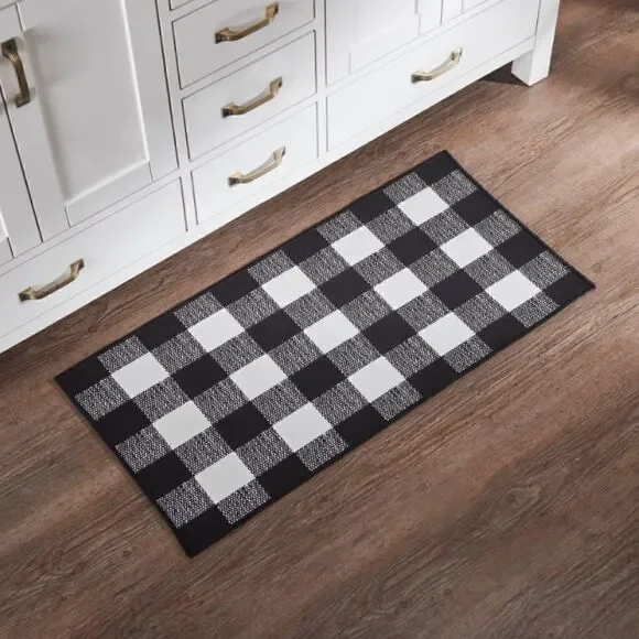 Farmhouse Buffalo Plaid Rug Black White Classic Floor Mat Country Primitive
