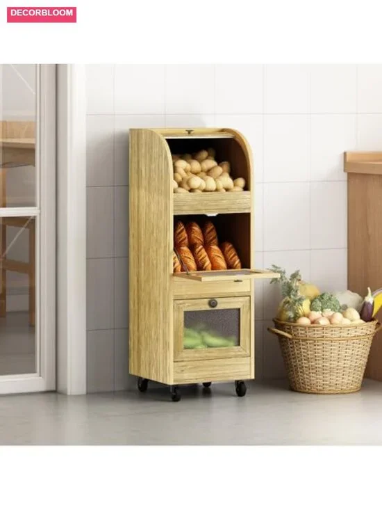 3-Tier Potato Onion Storage Bin with Wheels & Mesh Doors Bread Box Natural