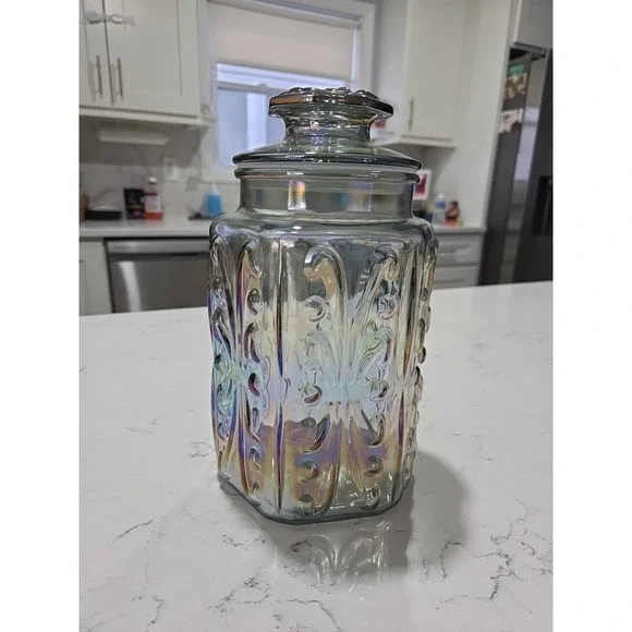 Vintage LE Smith Imperial Atterbury Scroll Canister Jar Iridescent Carnival 9