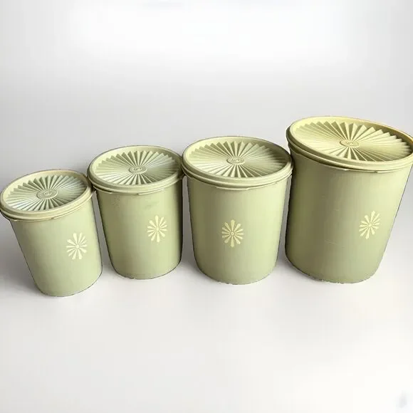 Vtg Tupperware Servalier Nesting Canister Set 1970s Retro Avocado Green Sunburst