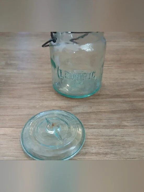 Vintage Aqua Glass Jar with Lid - 'Leotric' Embossed