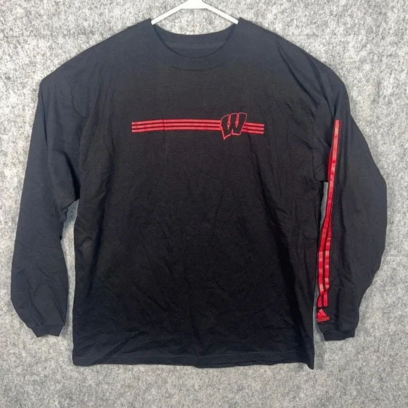 Adidas Wisconsin Badgers Mens Large Black Long Sleeve T-Shirt Graphic Tee Cotton
