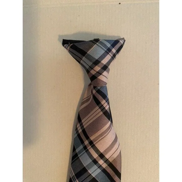 Boys‎ Navy Blue Tan Plaid Clip-On Necktie 14 Inch Formal School Uniform Tie