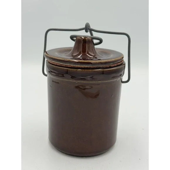 Vintage Brown Stoneware Canister Crock Wire Bail Lid Rustic Kitchen Storage