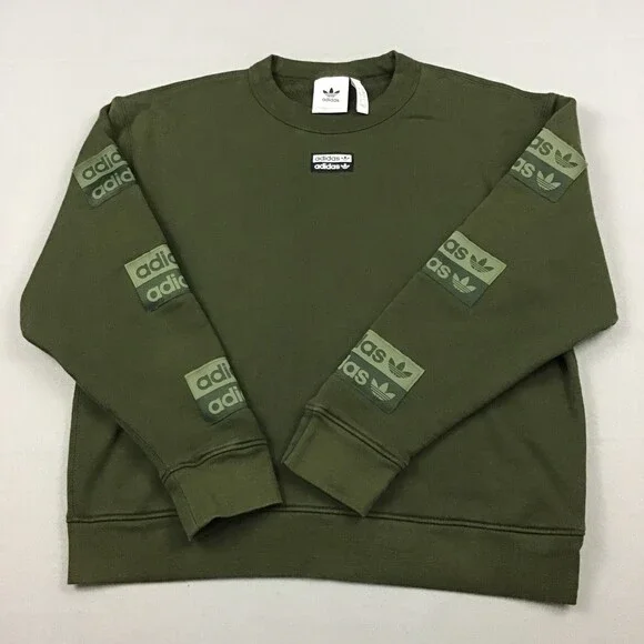 Adidas Sweatshirt Men Small Olive Repeating Trefoil Box Logo Sleeves Crewneck S