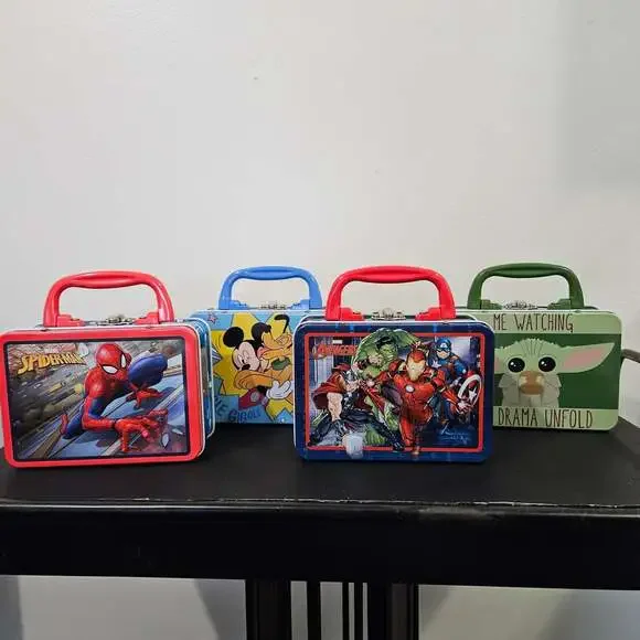 Lot of 4 collectible mini tin lunch boxes Disney Marvel Grogu Spider Man Mickey
