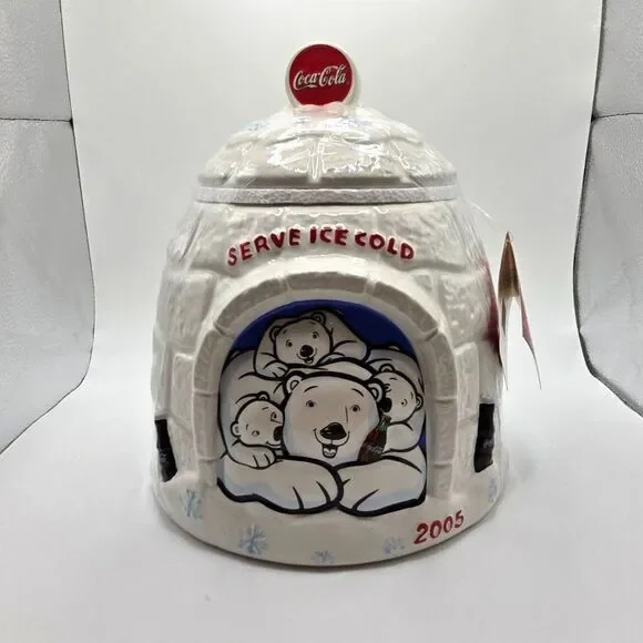 Vintage 2005 Coca-Cola Polar Bear Igloo Ceramic Cookie Jar NWT