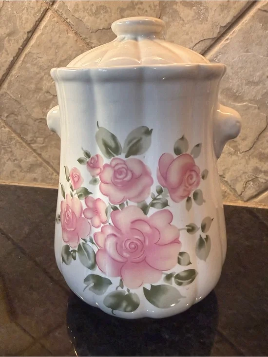 VTG Gibson “Roseland” Ceramic Cookie Jar Canister with Painted Pink Rose Motif