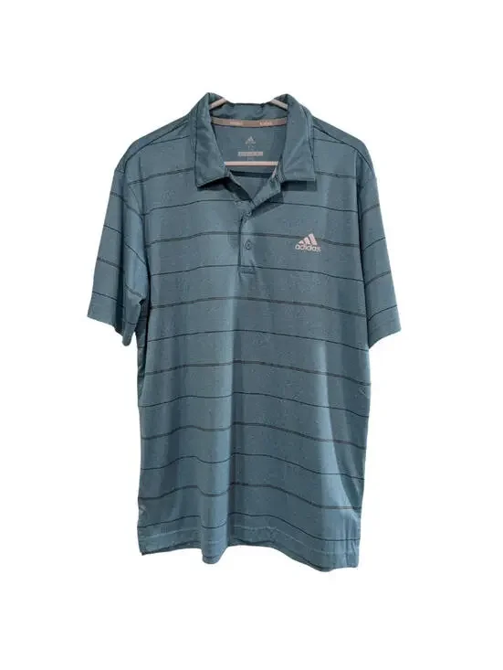 Adidas Men's Golf Polo Shirt, Medium, Blue with Horizontal Stripes, Short Sleeve