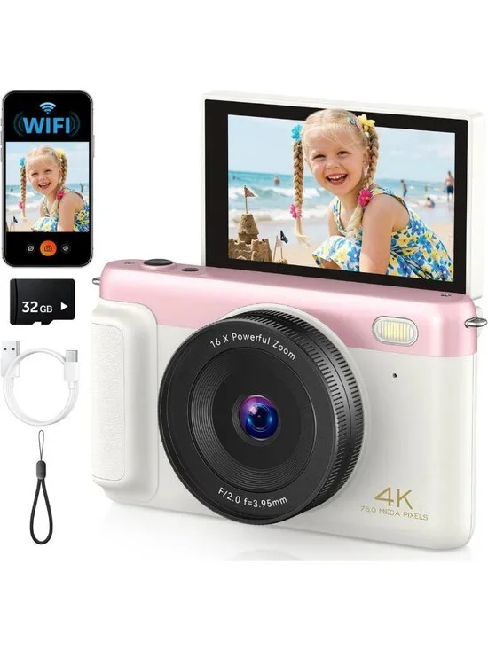 4K Digital Camera for Photography, Flip Screen, WiFi, Compact & Stylish Pink