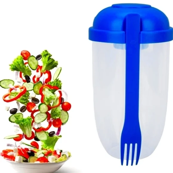 Fresh Salad to Go Container Set with Fork and‎ Dressing Holder, Blue (10…