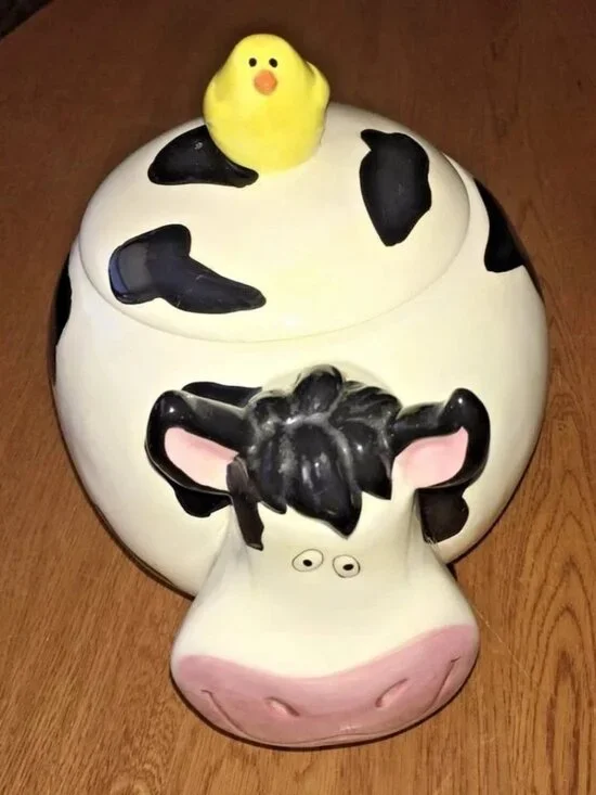 Spotted Cow Ceramic Cookie Jar Yellow Chick Bird on Lid 10” Tall Farm House 10