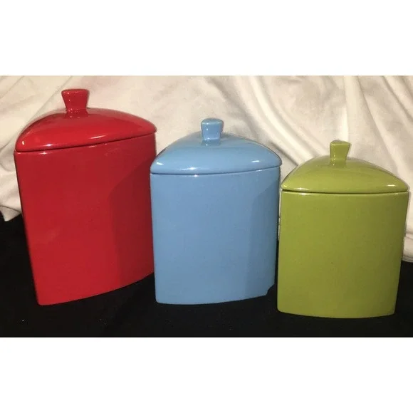 Oneida VTG MCM Buffalo China Triangle Canister‎ Set of 3 Red Blue Green EUC Rare