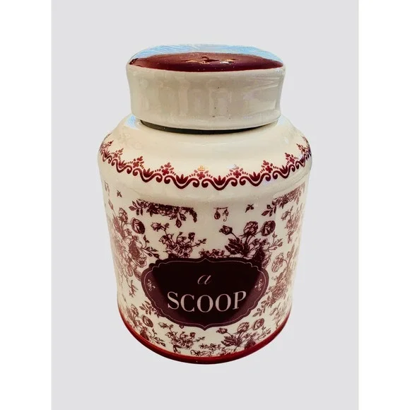 Vintage Style Ceramic Floral Toile Kitchen Canister a‎ SCOOP Burgundy White Jar