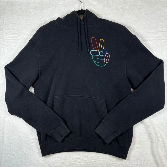 Adidas Peace Sign Hoodie Mens M Black Neon Graphic Trefoil Pullover