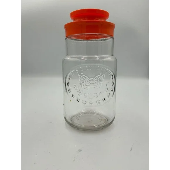 Vintage 1776-1976 Bicentennial Election Glass‎ Canister Jar with Orange Lid