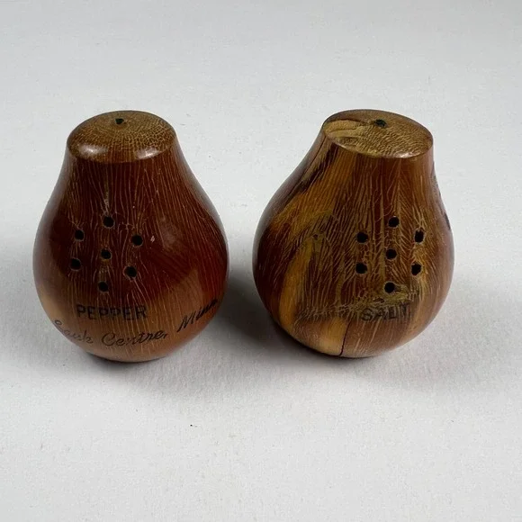 VTG Wooden Salt and Pepper Shakers Brown Wood Sauk Centre MN Souvenir