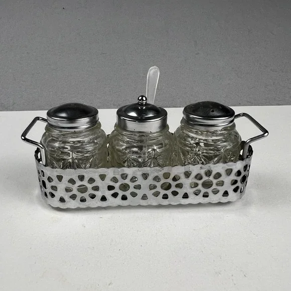Vintage Condiment Set Glass Jars Metal Caddy Silver Clear Mid Century Tableware