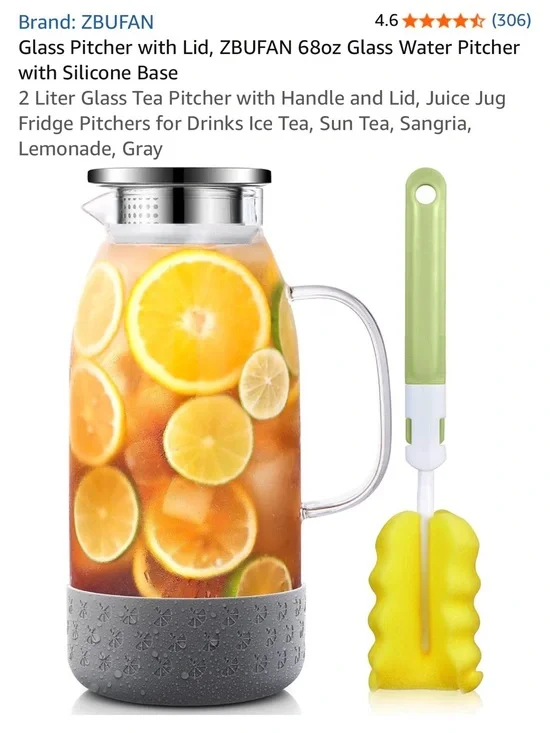 4/68 oz. Glass Pitcher with handle, lid & silicone removable base. New in Box NW