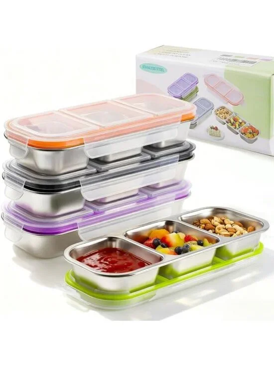 4 Pack Stainless Steel Snack Containers with Lids - 3 Compartment Food Storage