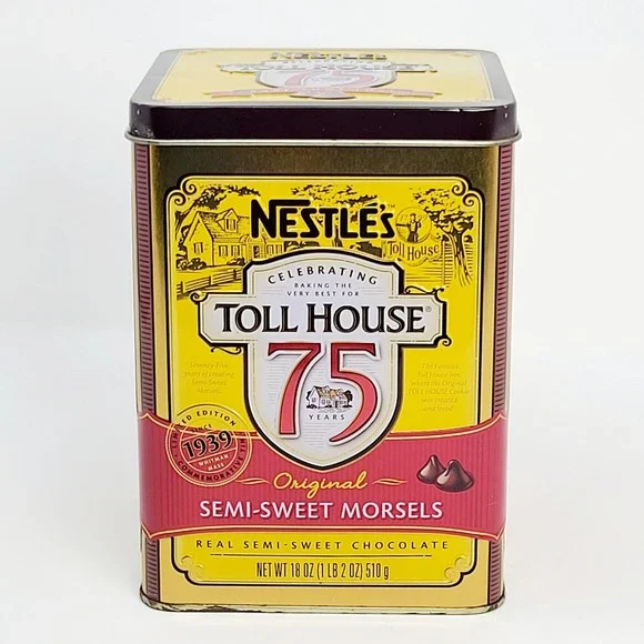2014 Nestle Toll House Tin 75th Anniversary Canister Yellow Red 6.25 inches Good