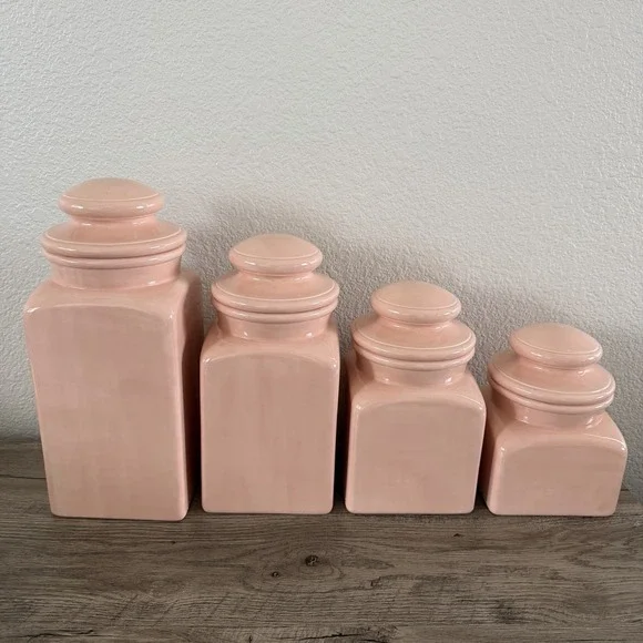 Set Of 4 Vintage MCM Salmon Pink‎ Ceramic Glazed Canisters With Lids 80's? 90's?
