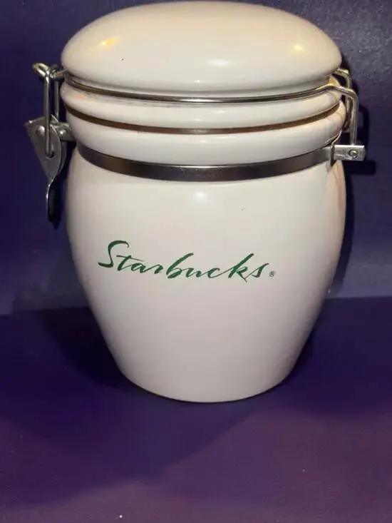 Starbucks White Ceramic Latch Top Lid Coffee Tea Canister Green Script Logo